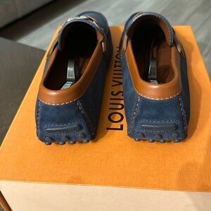 Blue suede and brown leather LV loafers for sale